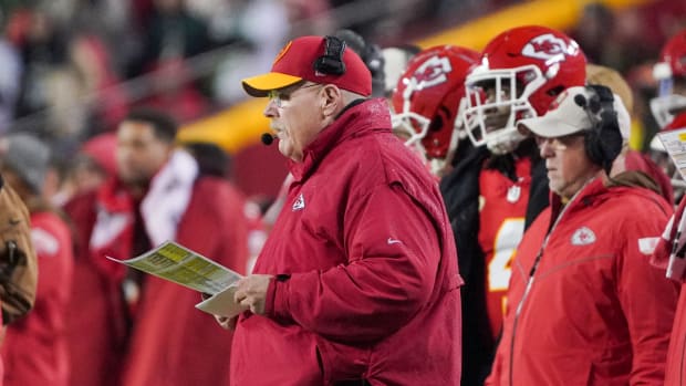Nov 20, 2023; Kansas City, Missouri, USA; Kansas City Chiefs head coach Andy Reid watches play against the Philadelphia Eagles during the second half at GEHA Field at Arrowhead Stadium. Mandatory Credit: Denny Medley-USA TODAY Sports  